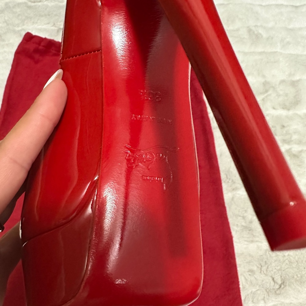 Christian Louboutin Glossy Red Peep-Toe Heels - Picture 3 of 7